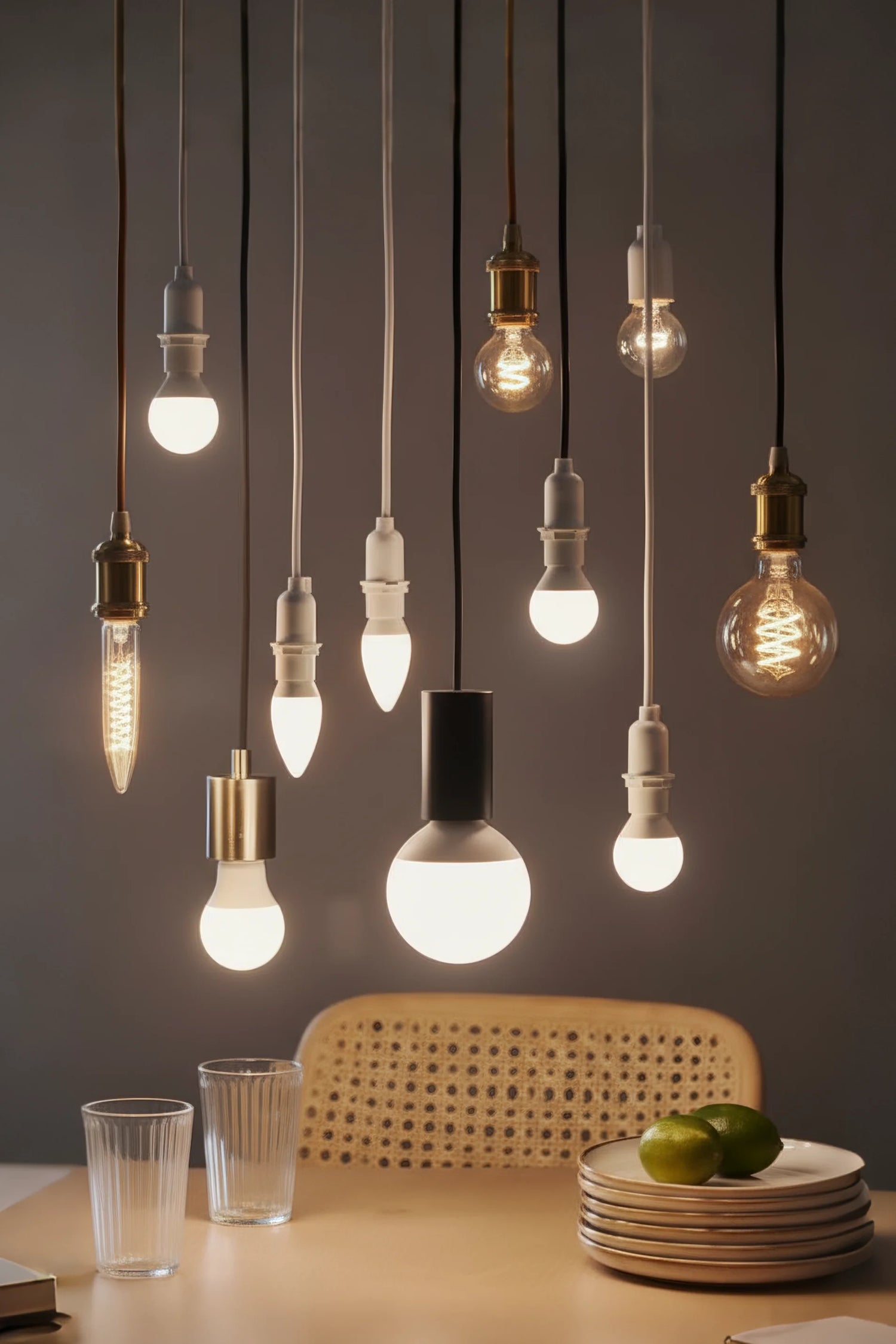 Various light bulbs hanging above a table with glasses and plates on a dark background