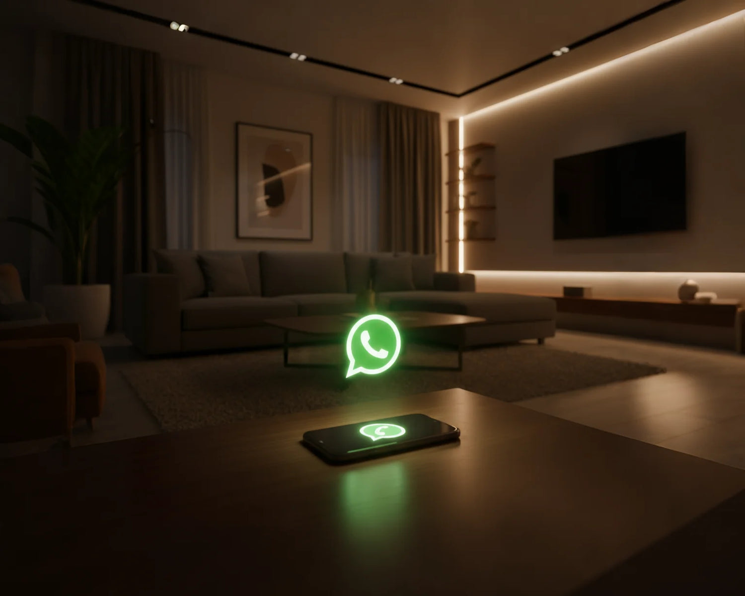 Neon WhatsApp logo on a smartphone in a dimly lit living room