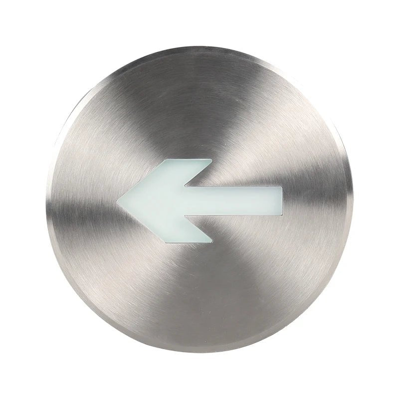 Metallic round button with a white arrow on a white background