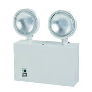 White emergency light fixture with two circular lights on a white background