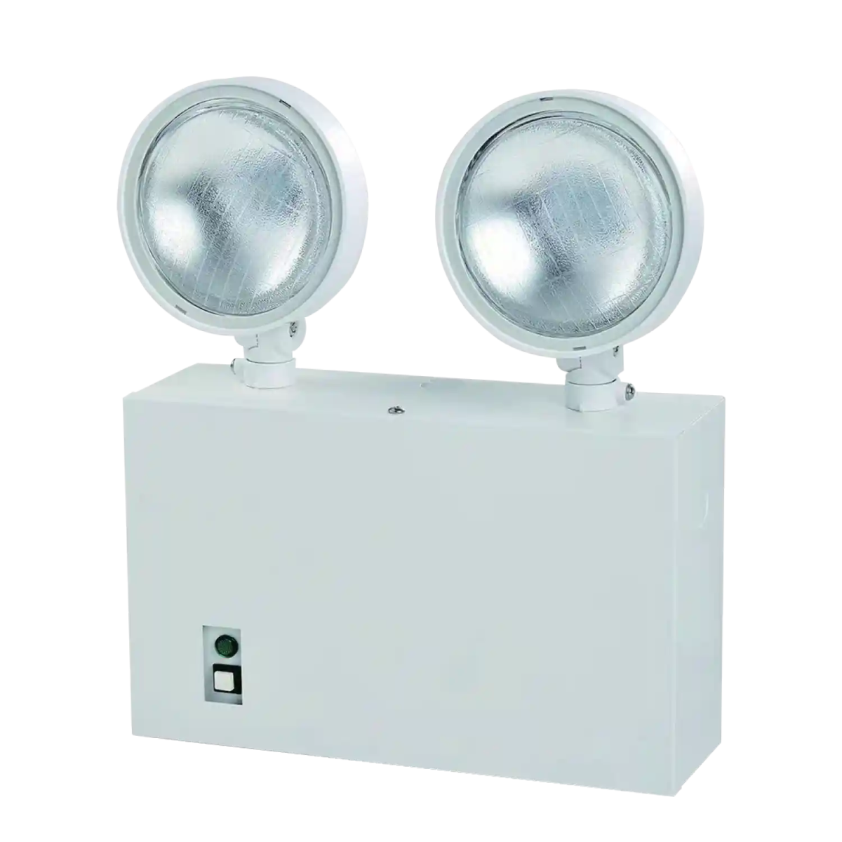 White emergency light fixture with two circular lights on a white background