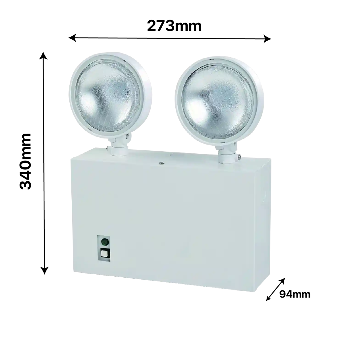 White emergency light with dimensions labeled on a white background
