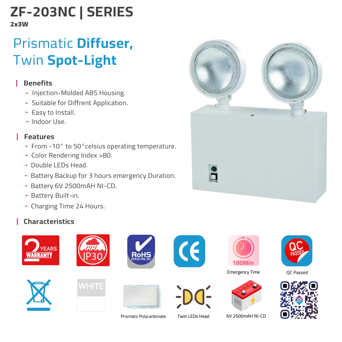 Prismatic Diffuser Twin Spot-Light with features and specifications on a white background