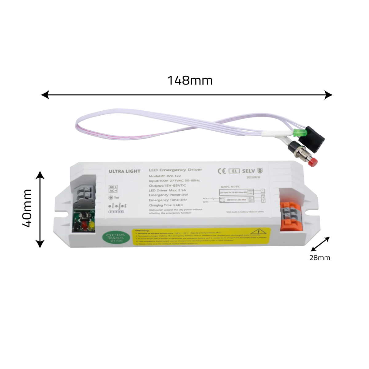 LED emergency driver with dimensions labeled on a white background