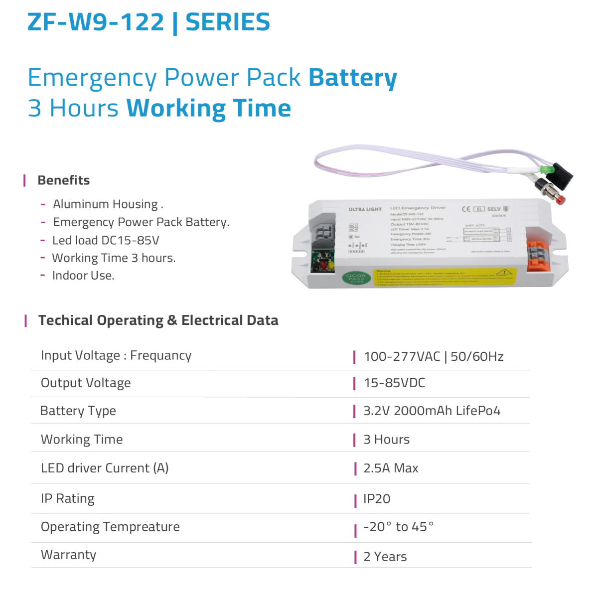 Emergency power pack battery with specifications on a white background