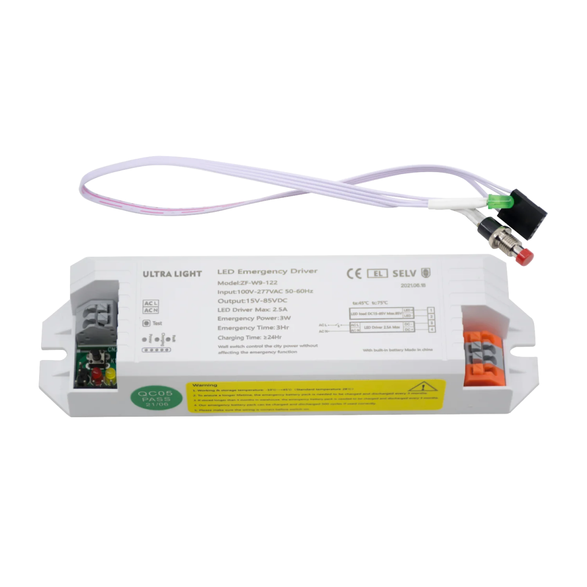 LED emergency driver with label on a white background