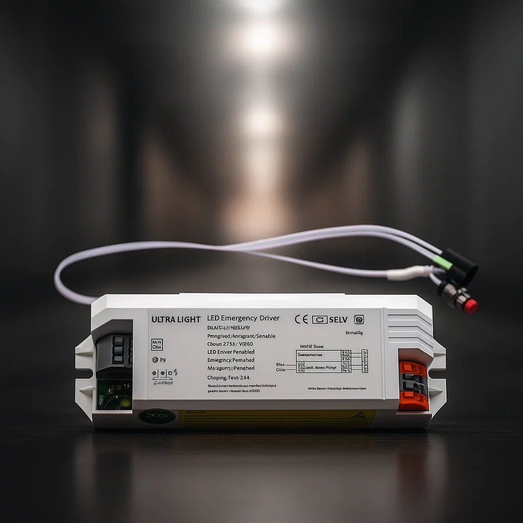 LED emergency driver with a blurred light source in the background