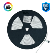 Black reel of LED strip light with CRI 90+ and IP65 waterproof badges on a white background