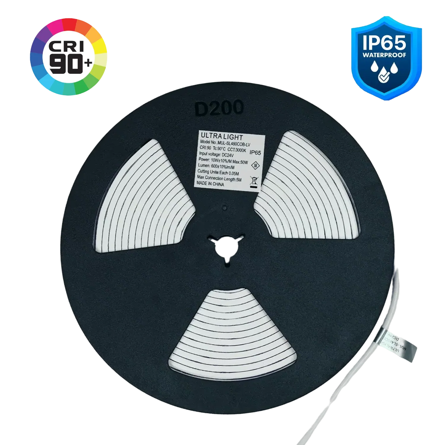 Black reel of LED strip light with CRI 90+ and IP65 waterproof badges on a white background