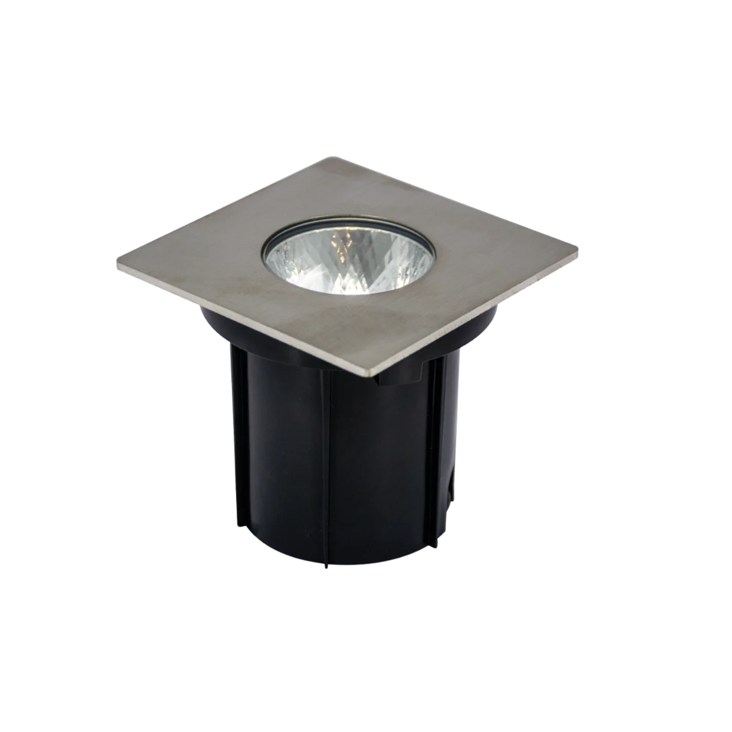 A recessed LED light fixture in a chrome finish with a clear glass cover, designed to be installed in the ground.