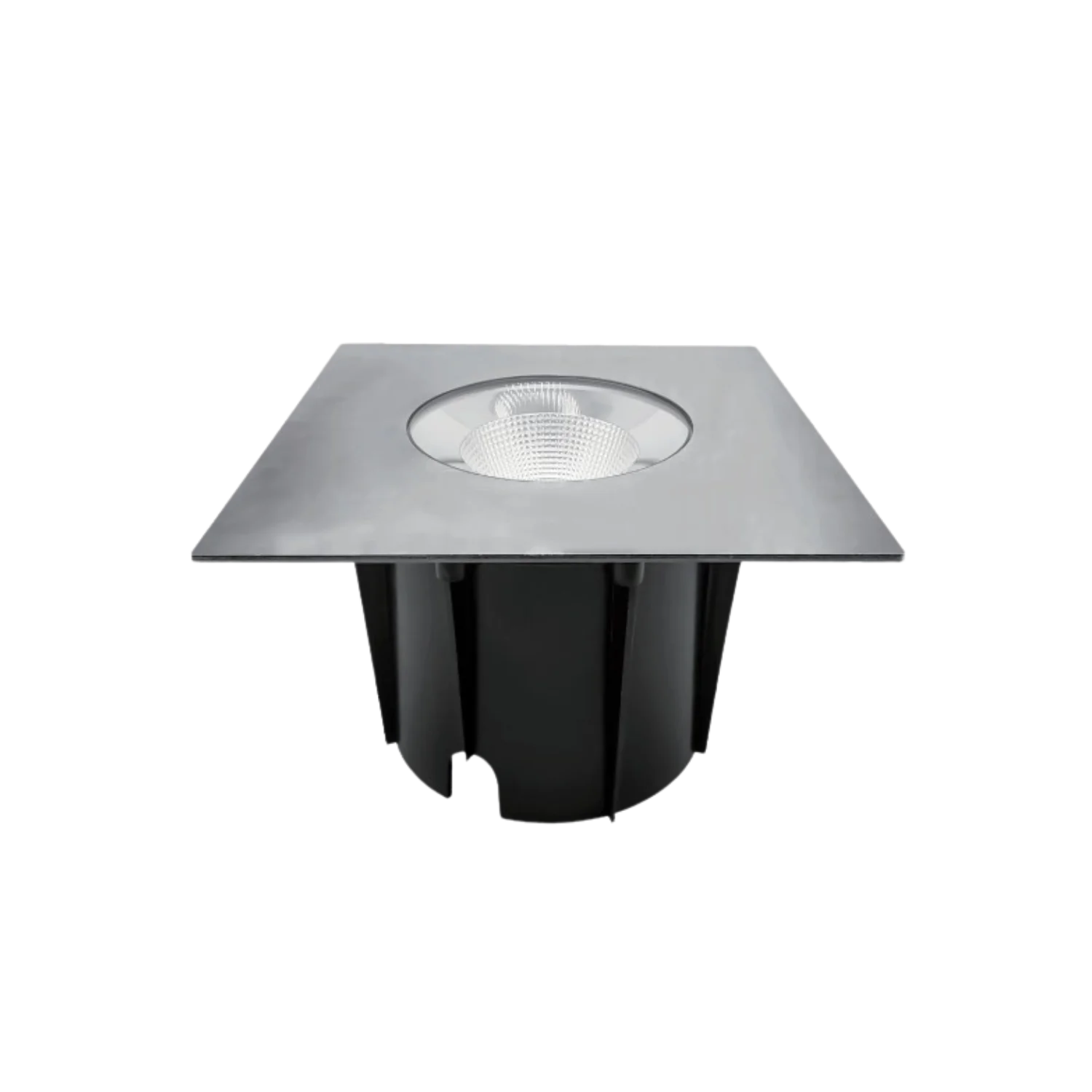 A recessed LED light fixture in a chrome finish with a clear glass cover, designed to be installed in the ground.