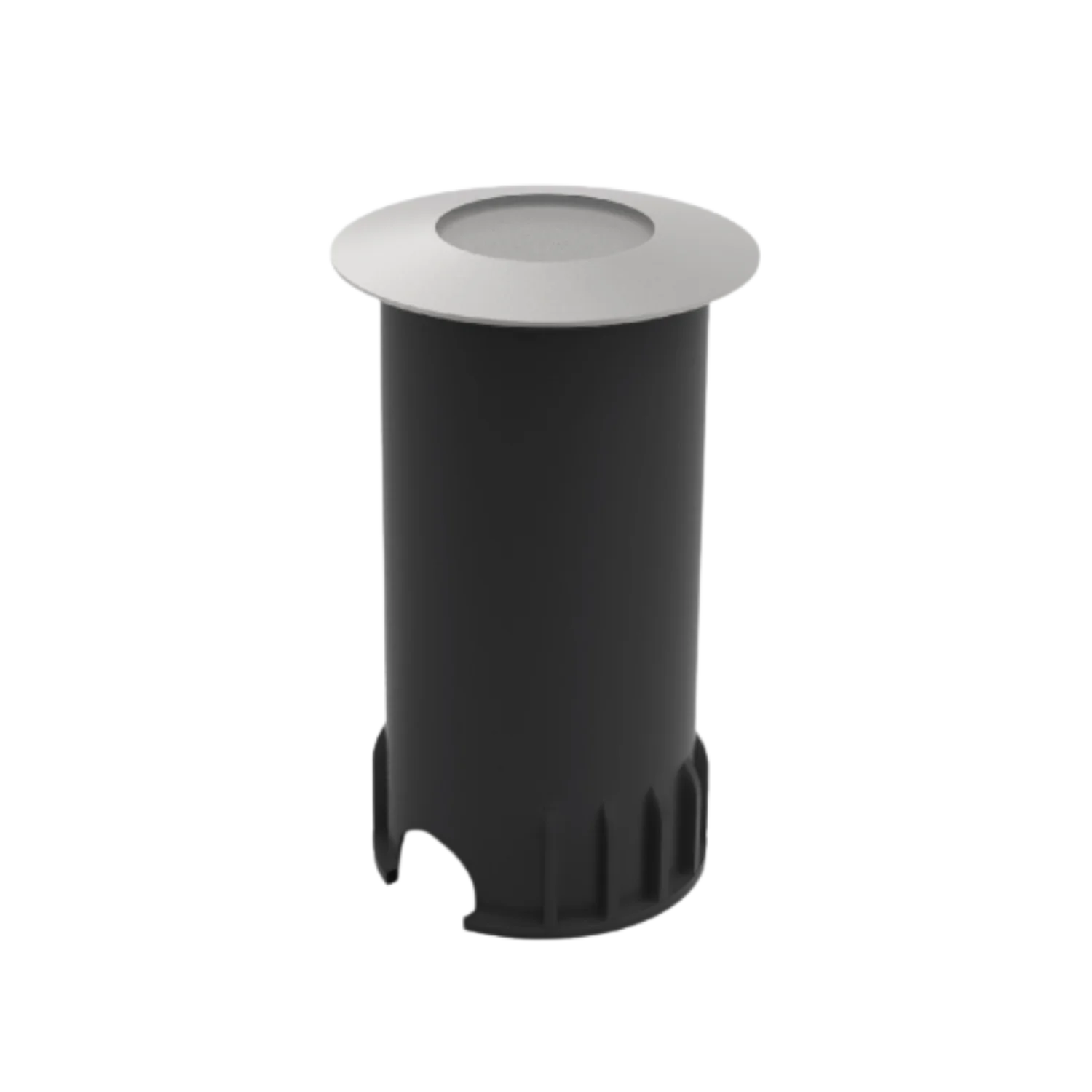 A silver recessed inground light with a transparent glass cover, made of corrosion-resistant aluminum, designed for outdoor lighting.