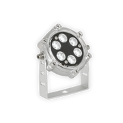 Silver LED underwater light with multiple LED bulbs arranged in a circular pattern, housed in a durable aluminum fixture.
