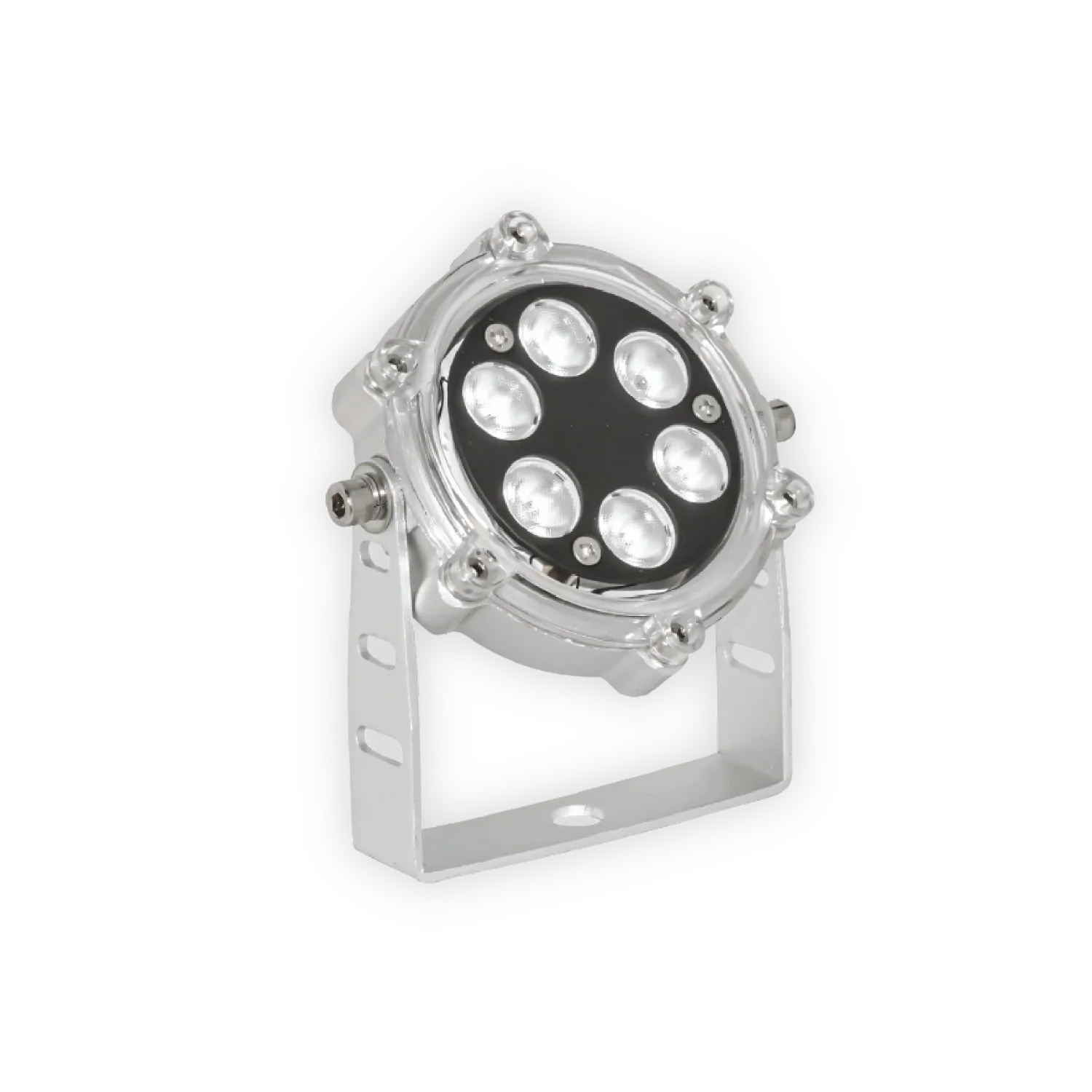 Silver LED underwater light with multiple LED bulbs arranged in a circular pattern, housed in a durable aluminum fixture.