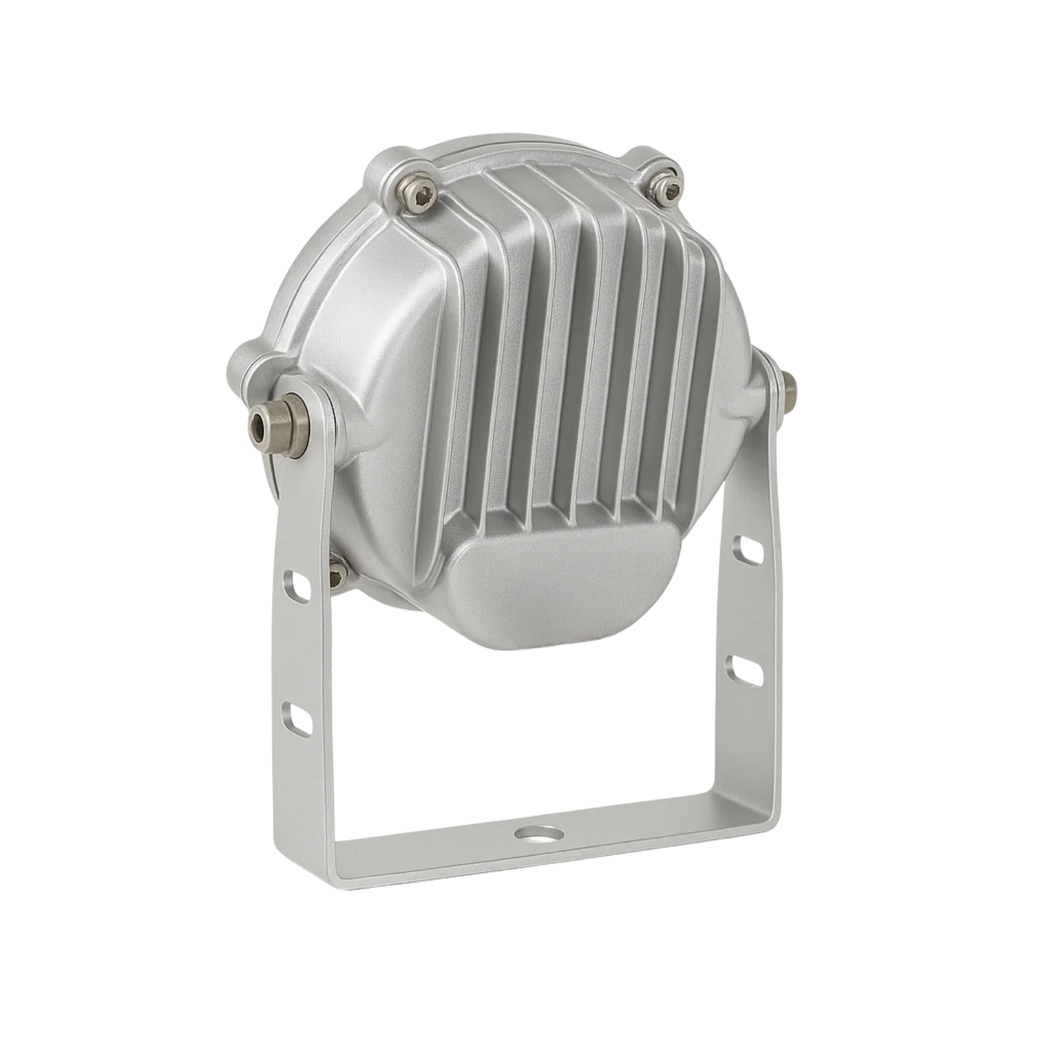 Metallic silver industrial component on a white background