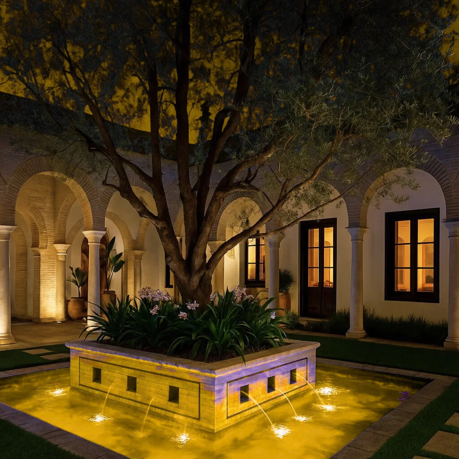 Decorative courtyard with fountain and tree at night.