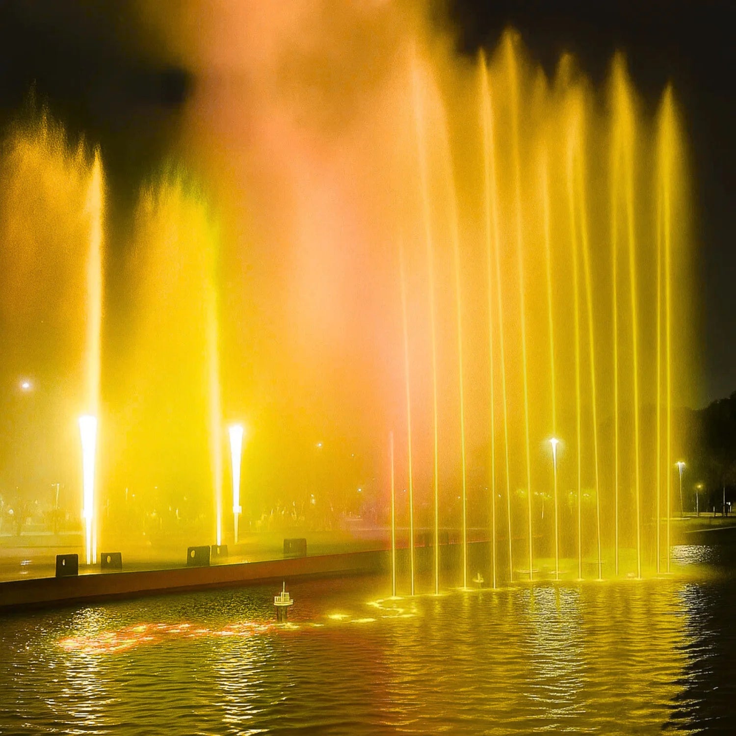 Colorful fountain show with orange and yellow lights at night.