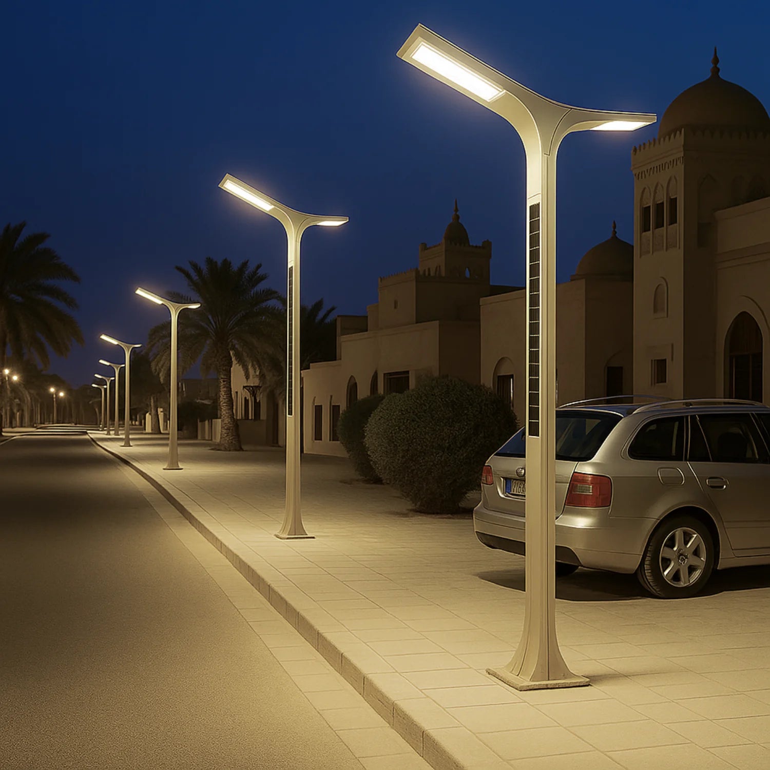 عمود إنارة شمسي (TY01) - إضاءة ليد برأسين 30W مع لوح شمسي 160W - مقاوم للماء IP65 - ارتفاع 3 متر