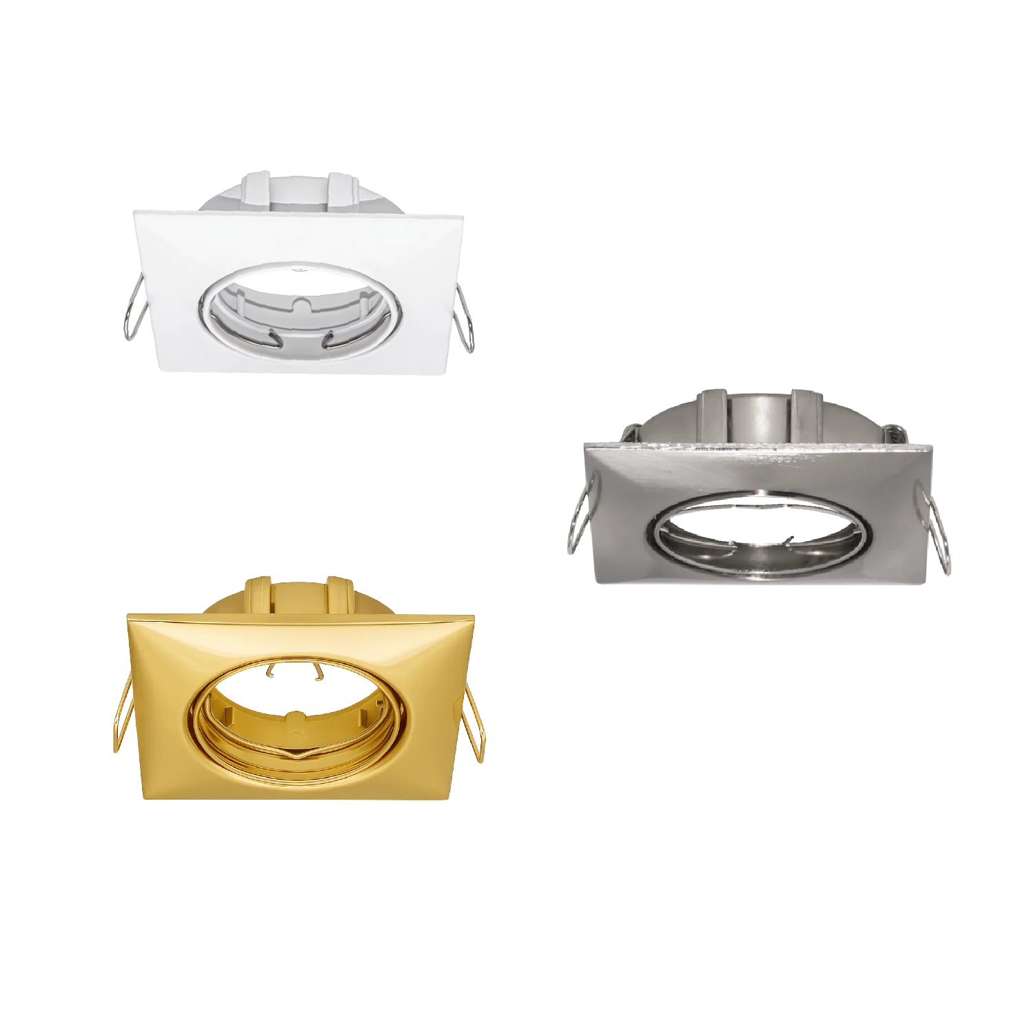 Three square recessed lighting fixtures in white, gold, and silver on a white background.