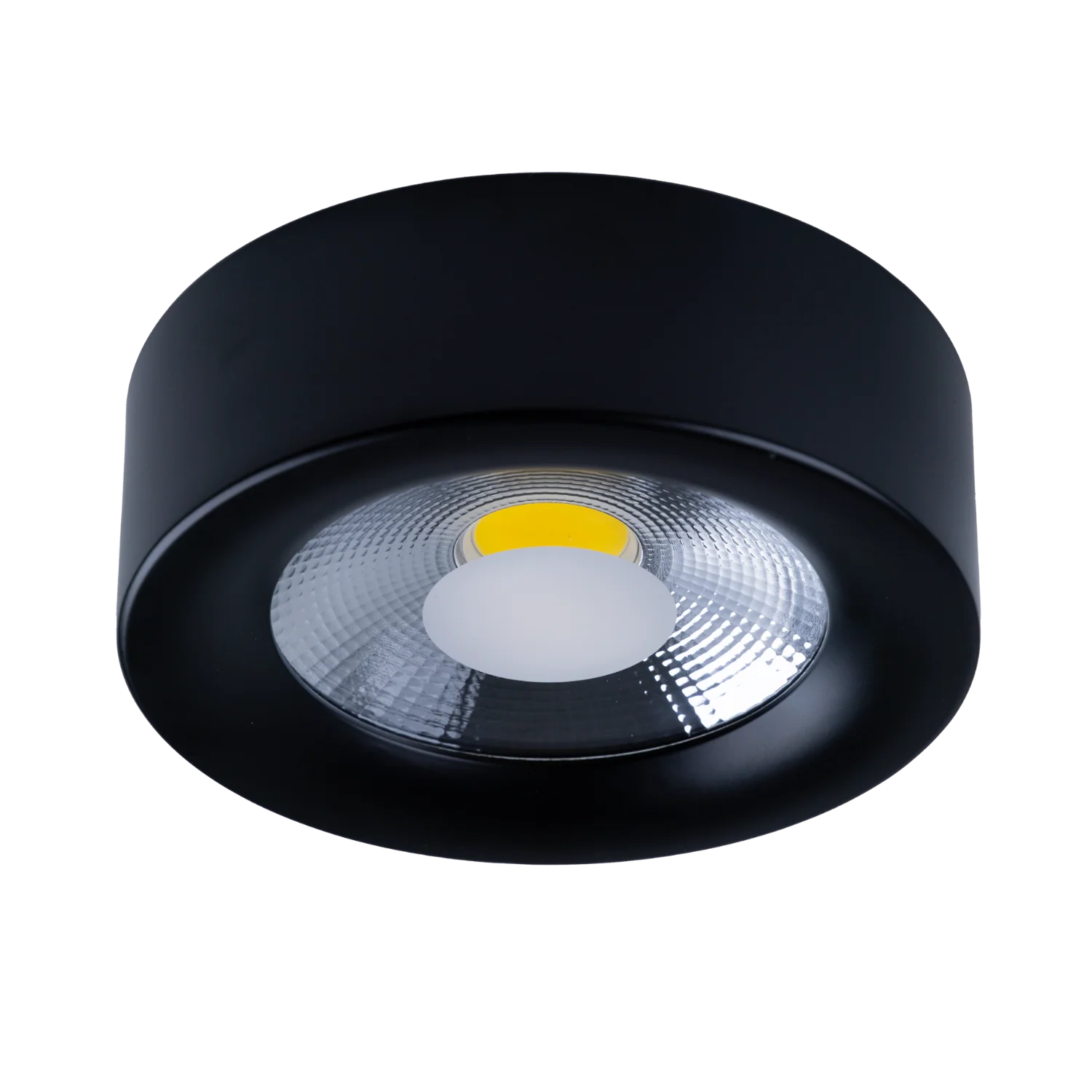 Black round ceiling light fixture on a white background