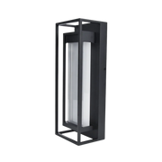 Black outdoor wall light fixture on a white background