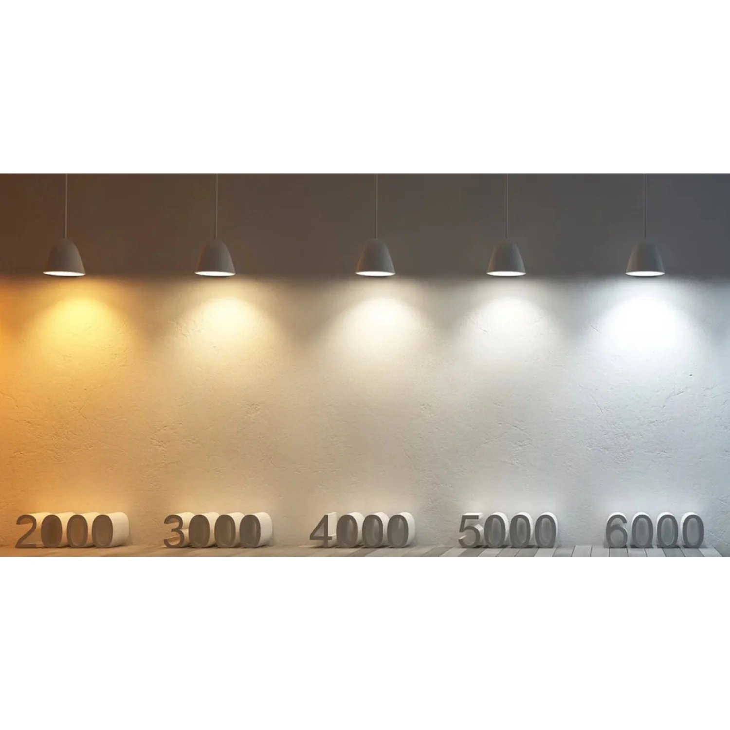 Five pendant lights casting different colored lights on a wall with numbers below.