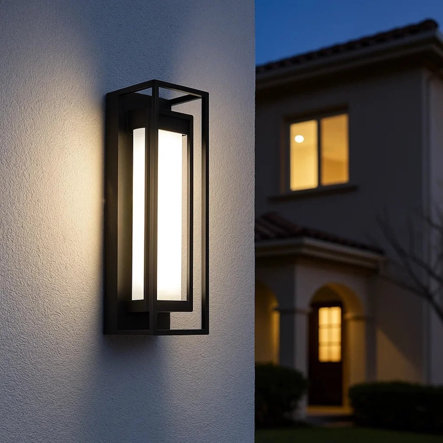 Modern outdoor wall light fixture on a house exterior