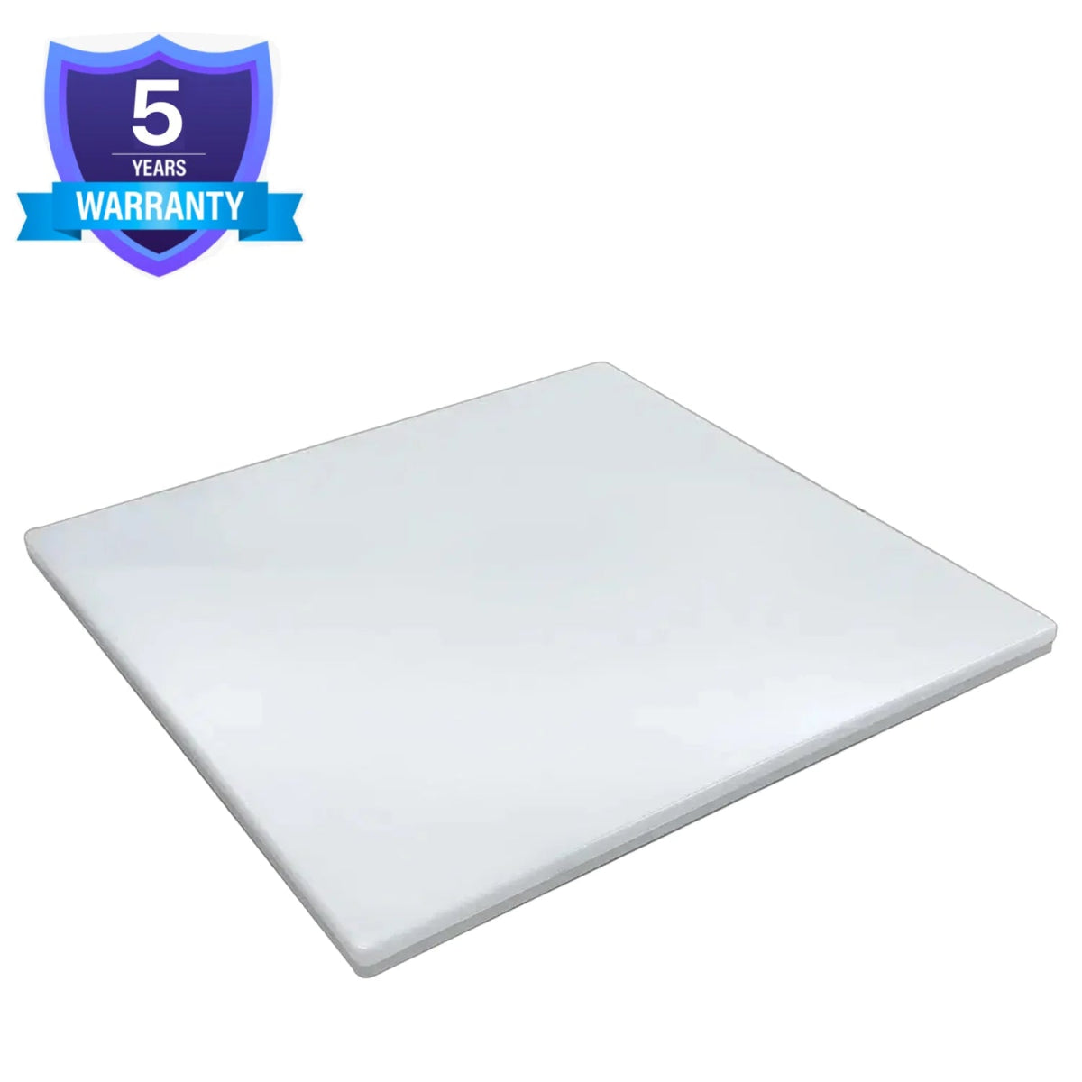 White cutting board with a 5-year warranty badge on a white background