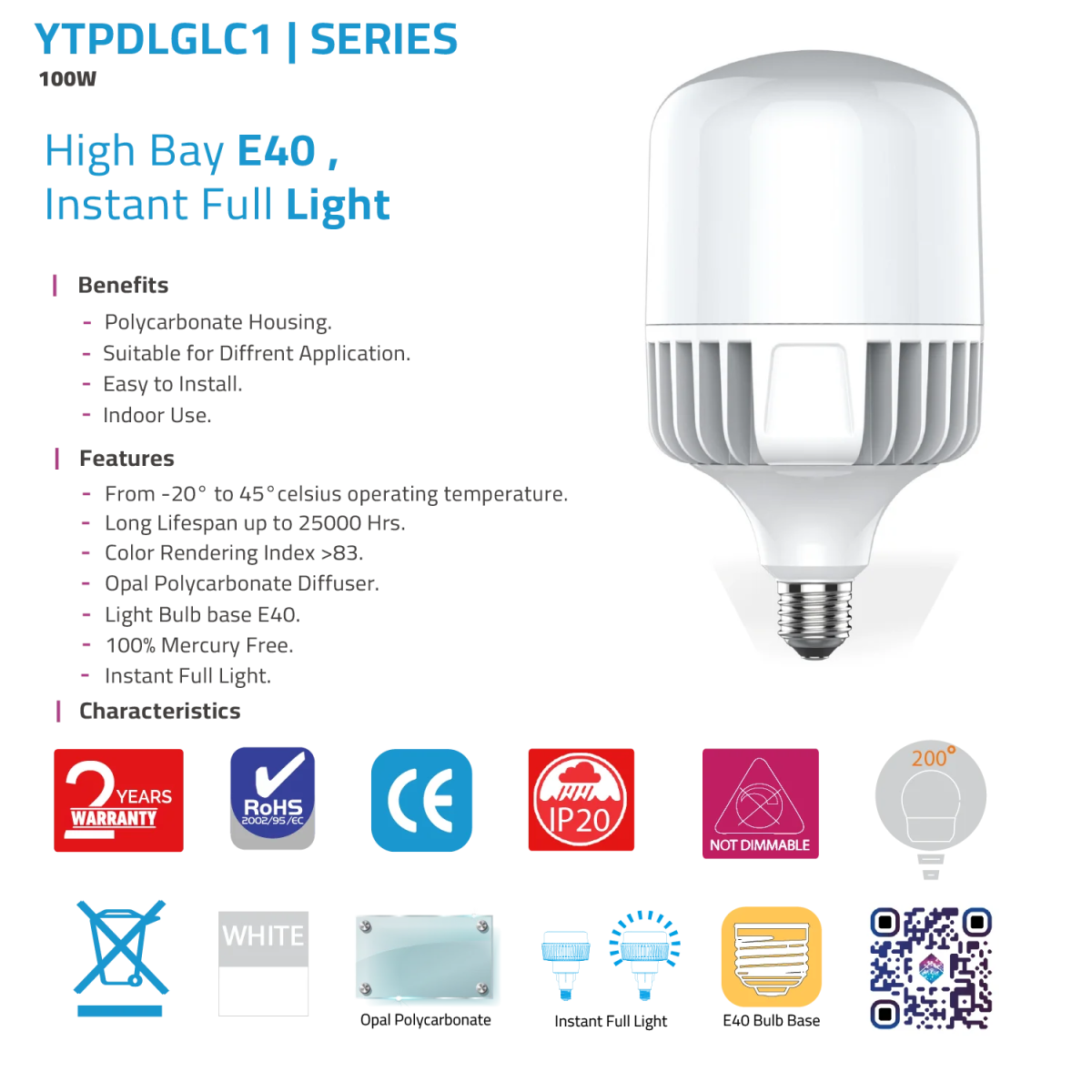 LED bulb with specifications and features on a white background