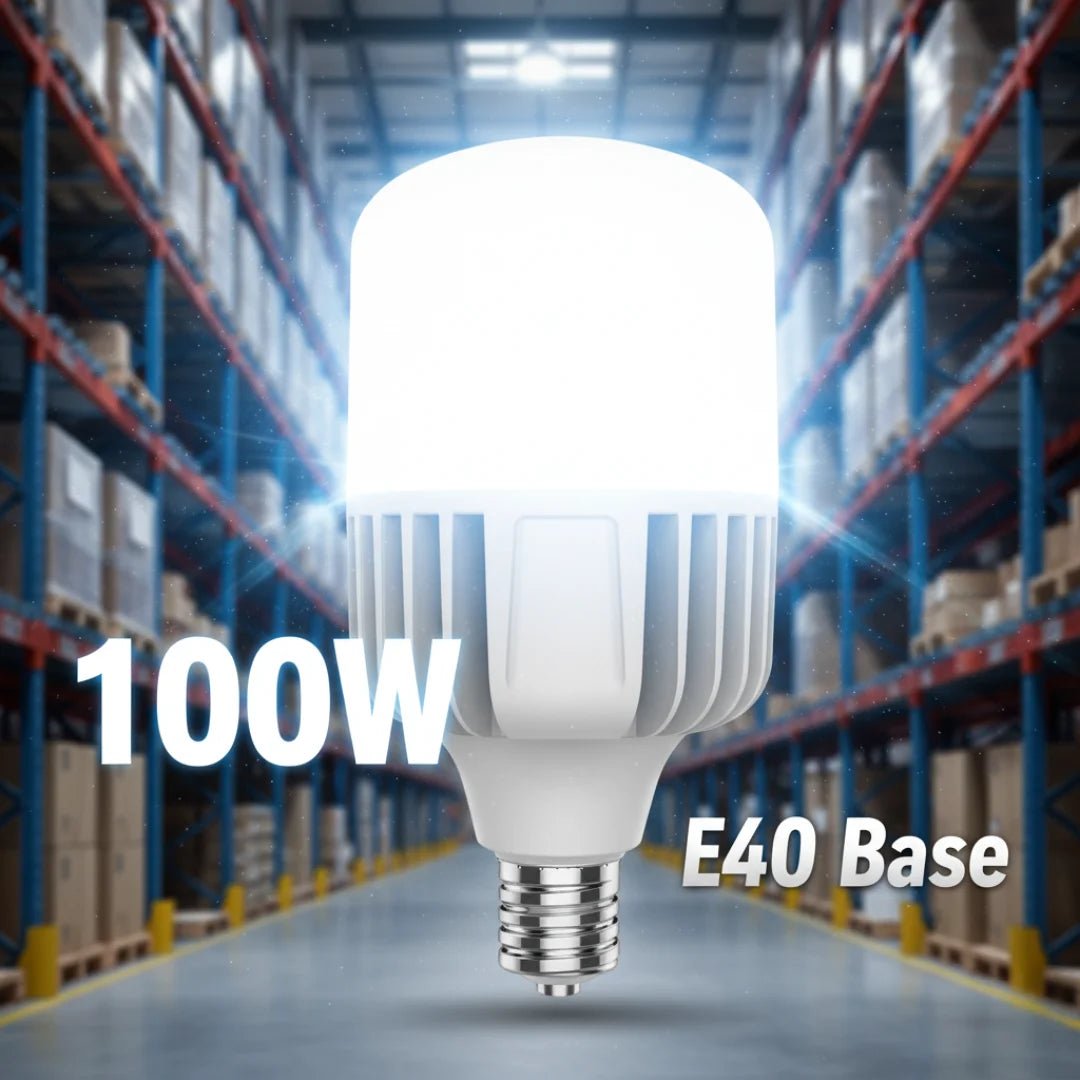LED light bulb with '100W' and 'E40 Base' text in a warehouse setting