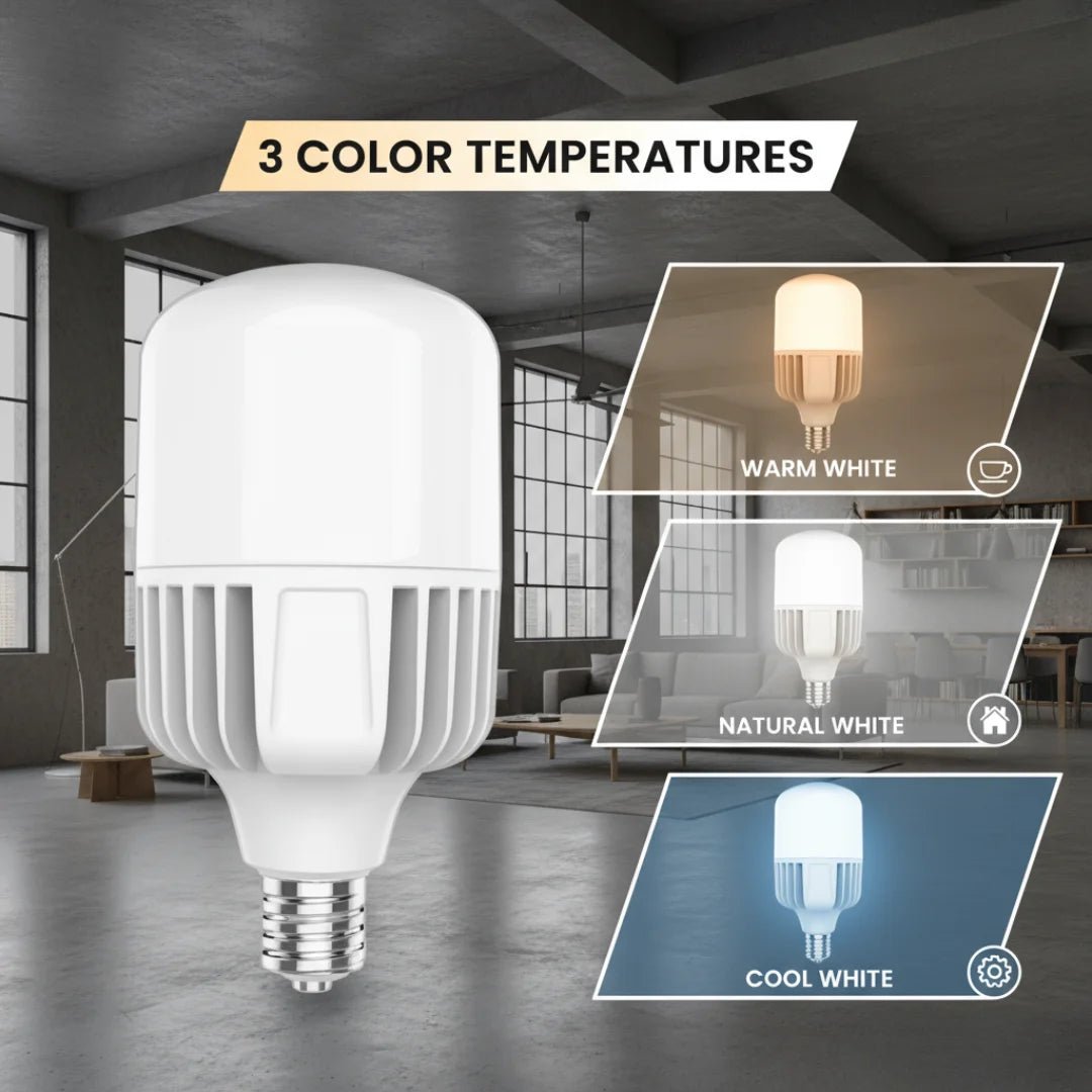 LED light bulb with three color temperature options displayed in a room setting.