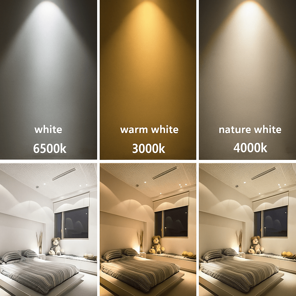 Comparison of LED light color temperatures on a neutral background