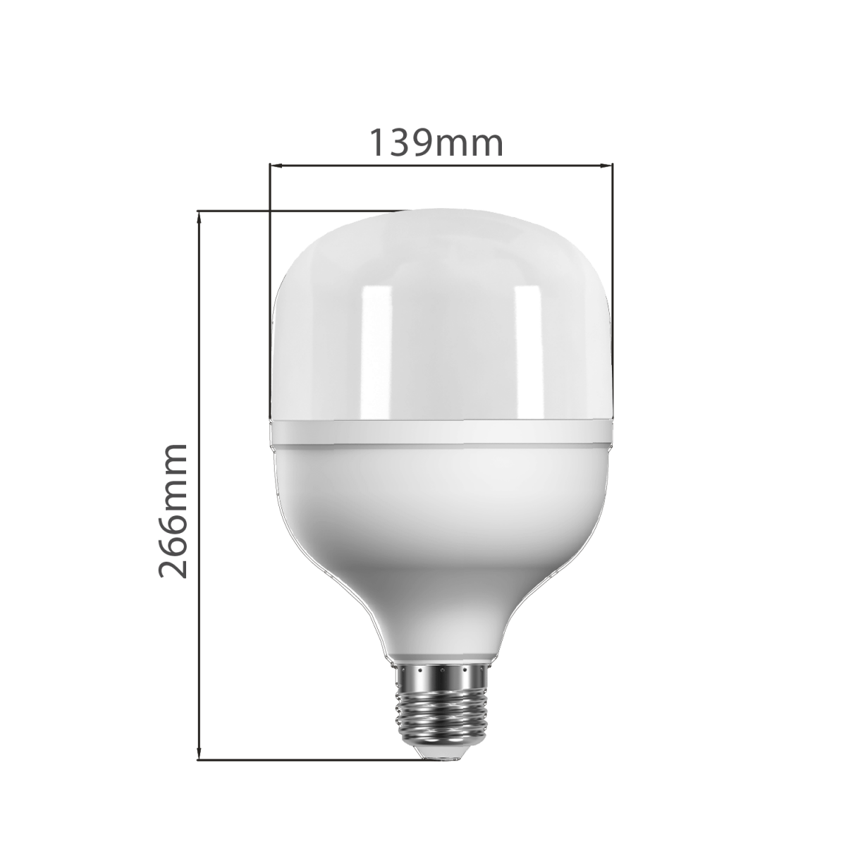 LED light bulb with dimensions labeled on a white background
