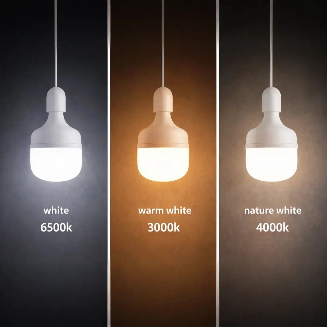 Three light bulbs labeled 'white 6500k', 'warm white 3000k', and 'nature white 4000k' on a dark background.