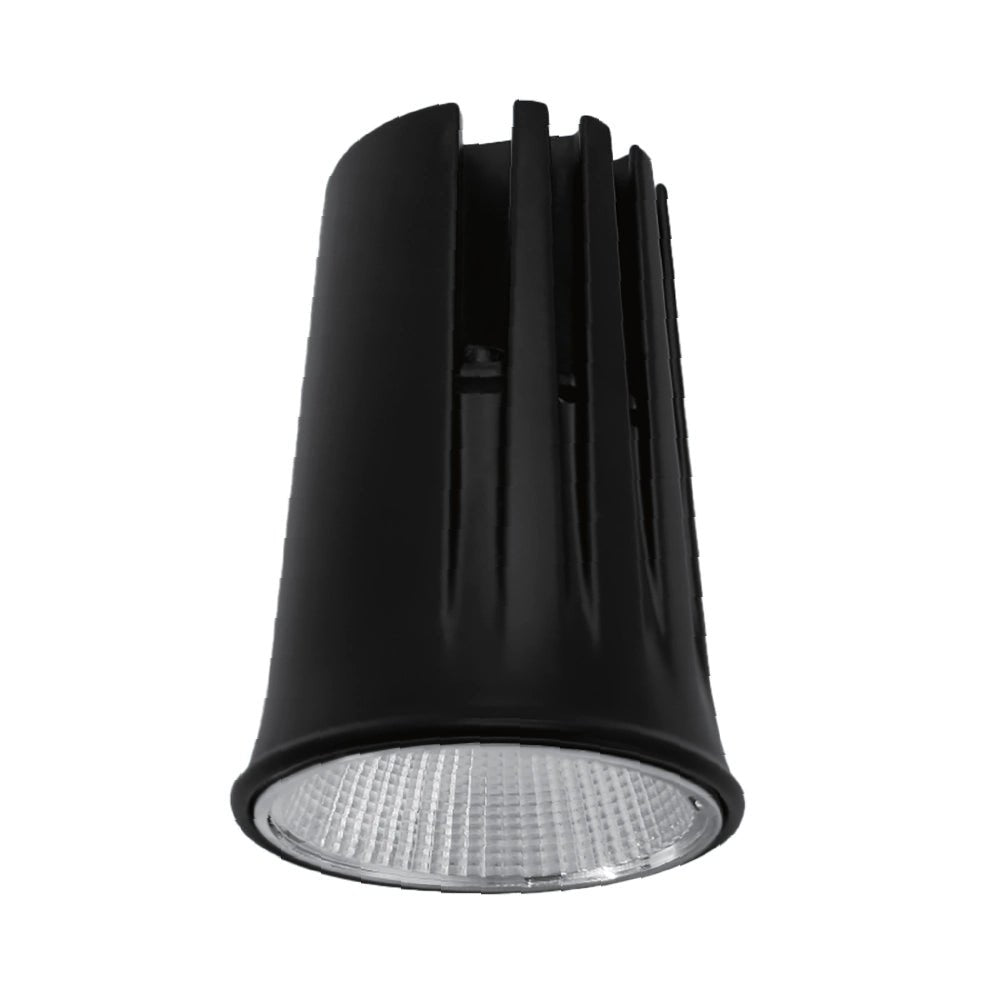 Black cylindrical light fixture on a white background