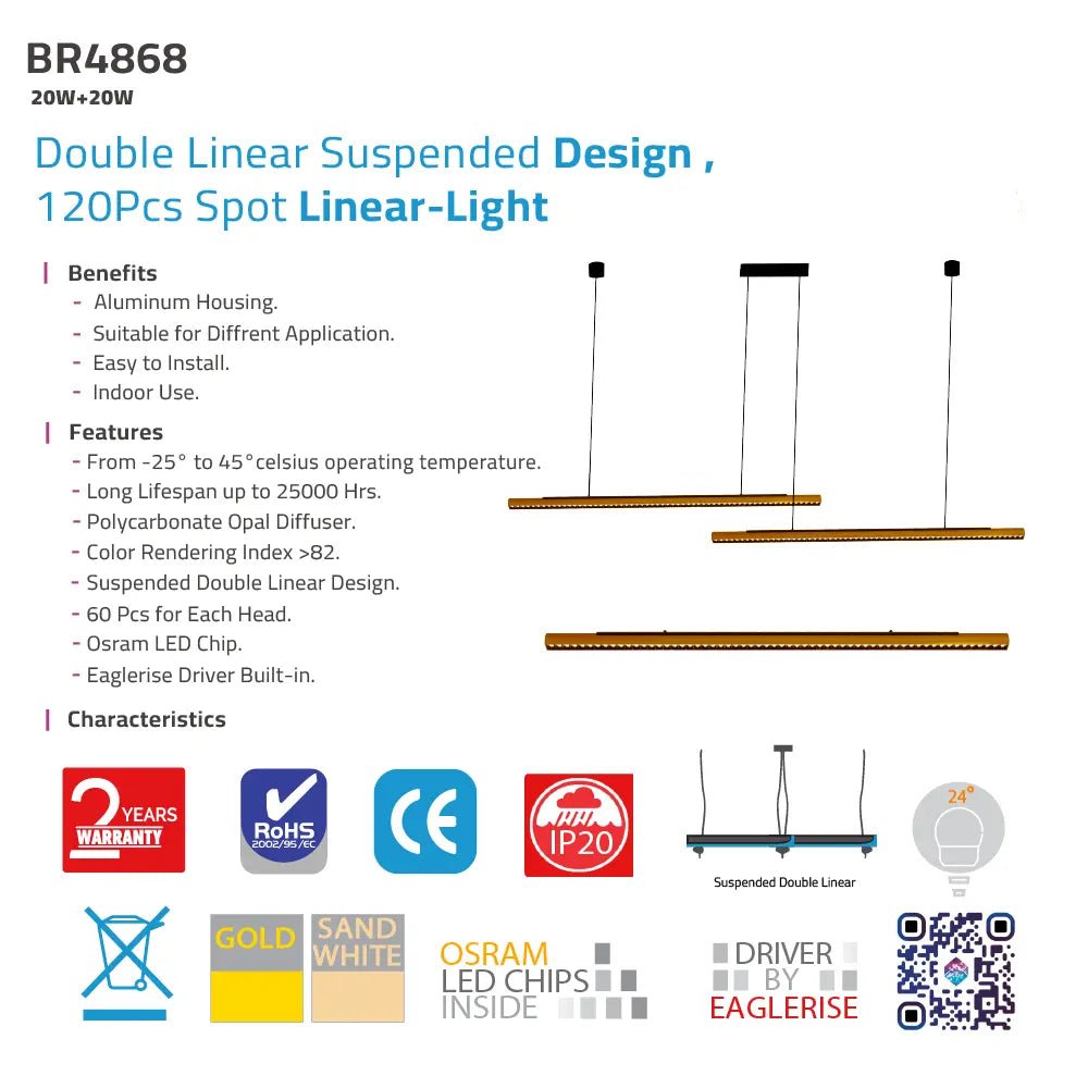 Product description of a double linear suspended design light fixture with features and certifications listed.
