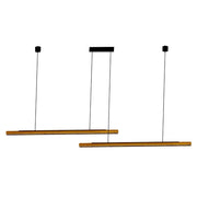 Two hanging pendant lights with wooden slats on a white background