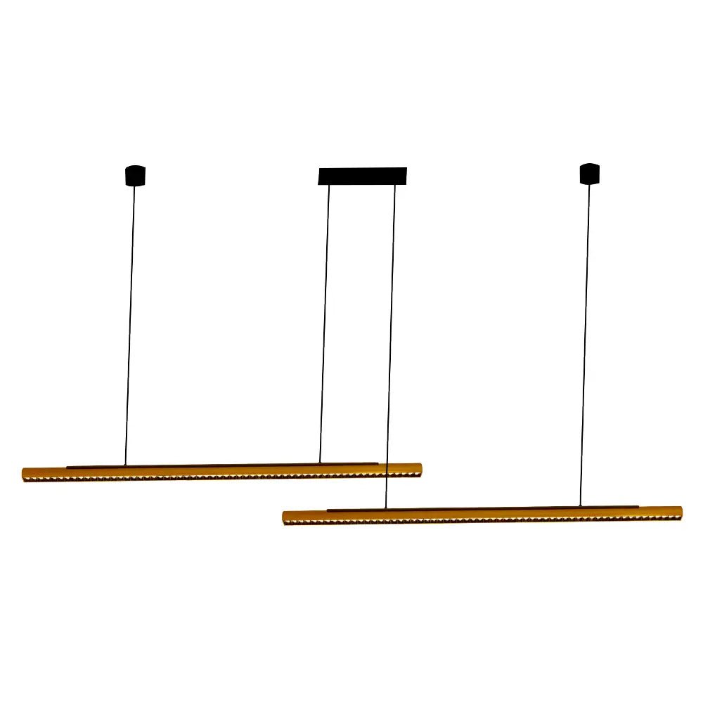 Two hanging pendant lights with wooden slats on a white background