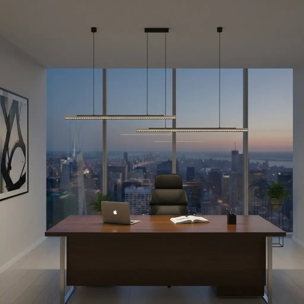 Modern office desk with laptop and chair in a room with large windows overlooking a cityscape.
