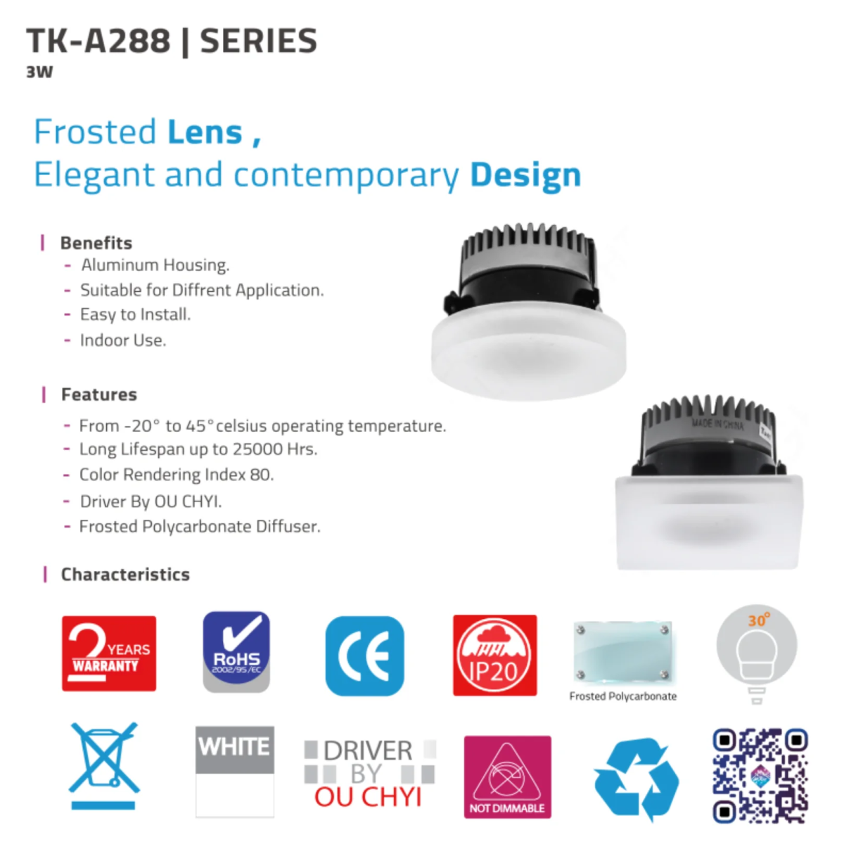 Light fixture with specifications and features on a white background