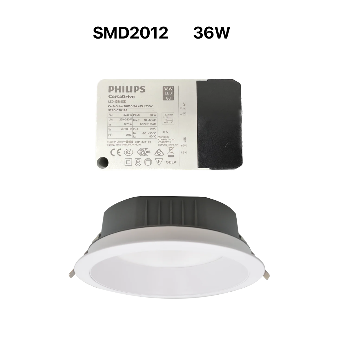 Philips LED downlight with SMD2012 and 36W specifications on a white background