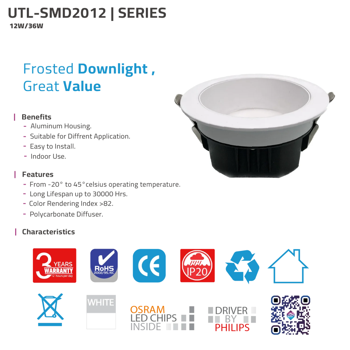 Frosted downlight with features and specifications on a white background