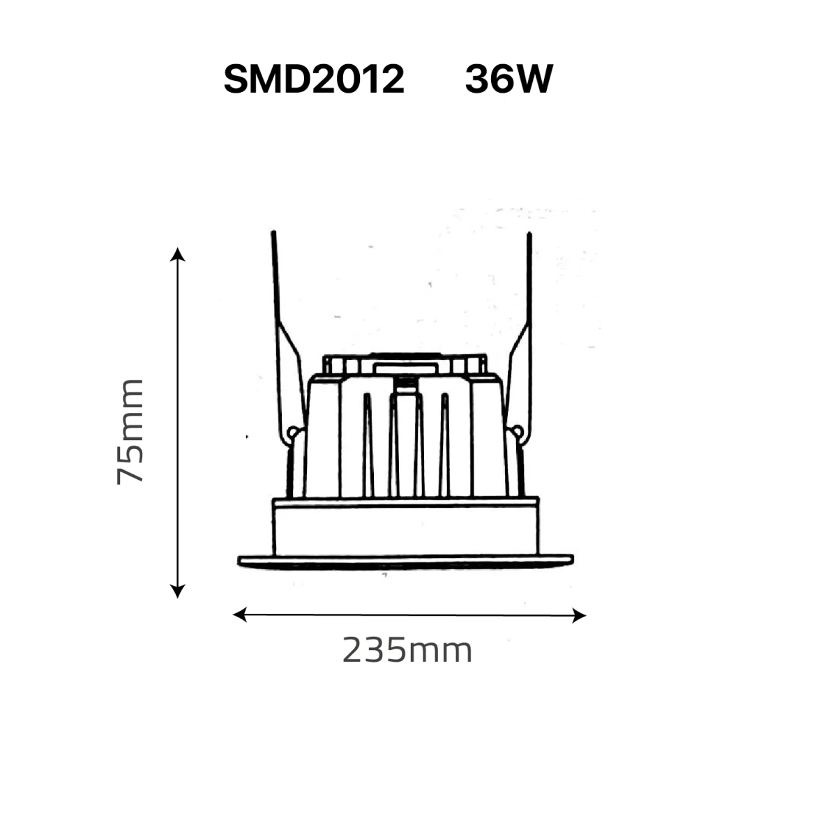 Technical drawing of a LED light fixture with dimensions labeled