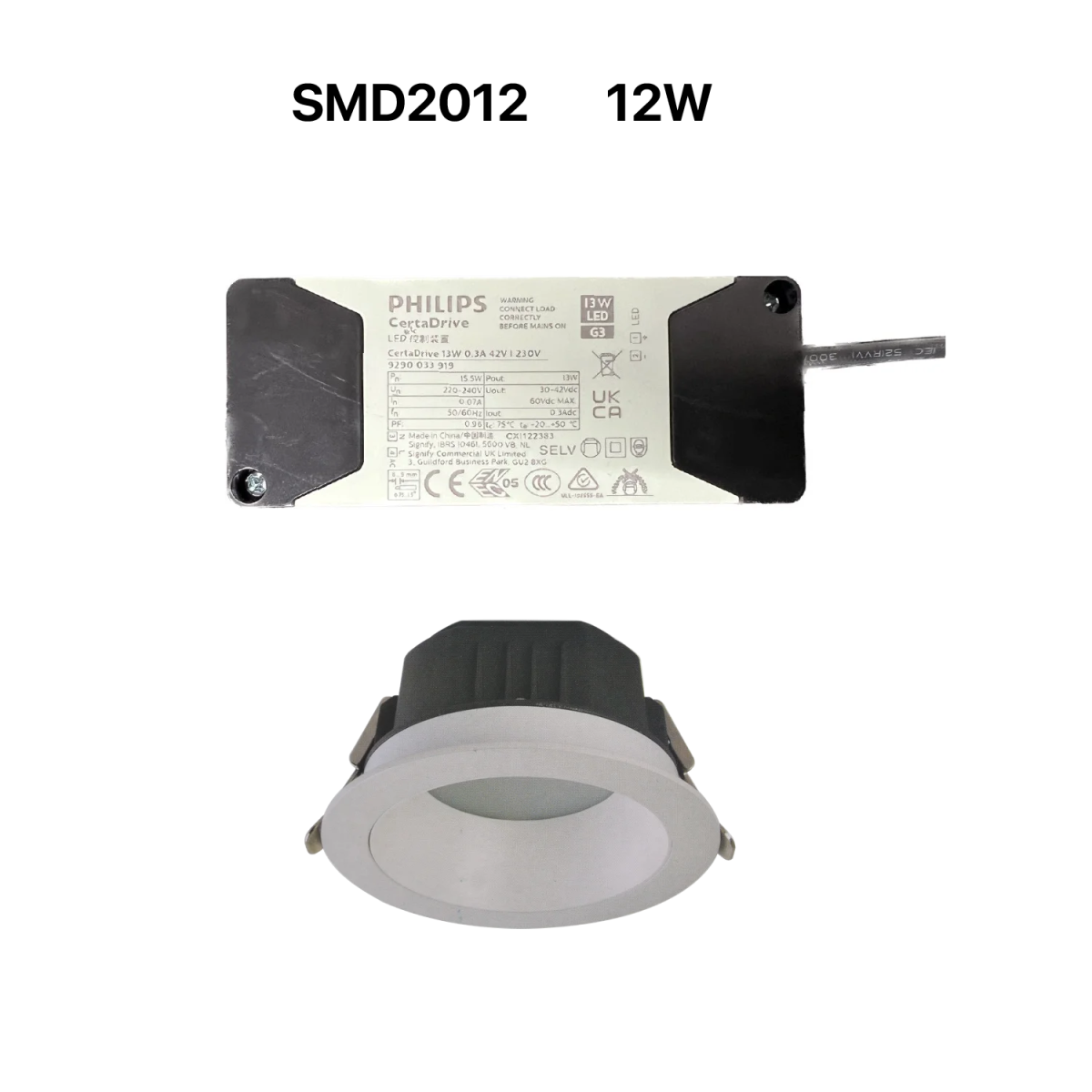 Philips LED downlight with SMD2012 and 12W specifications on a white background