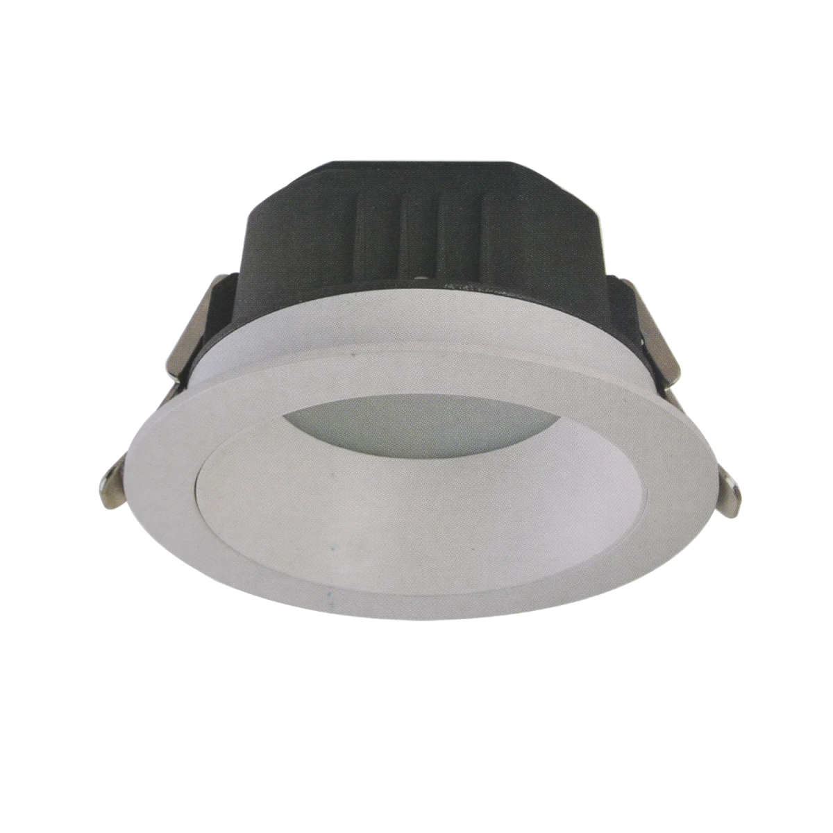 Downlight fixture with black exterior and white interior on a white background