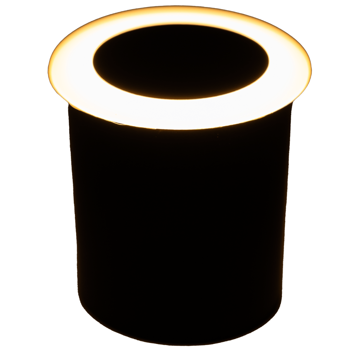 Black cylindrical light fixture with illuminated top on a white background