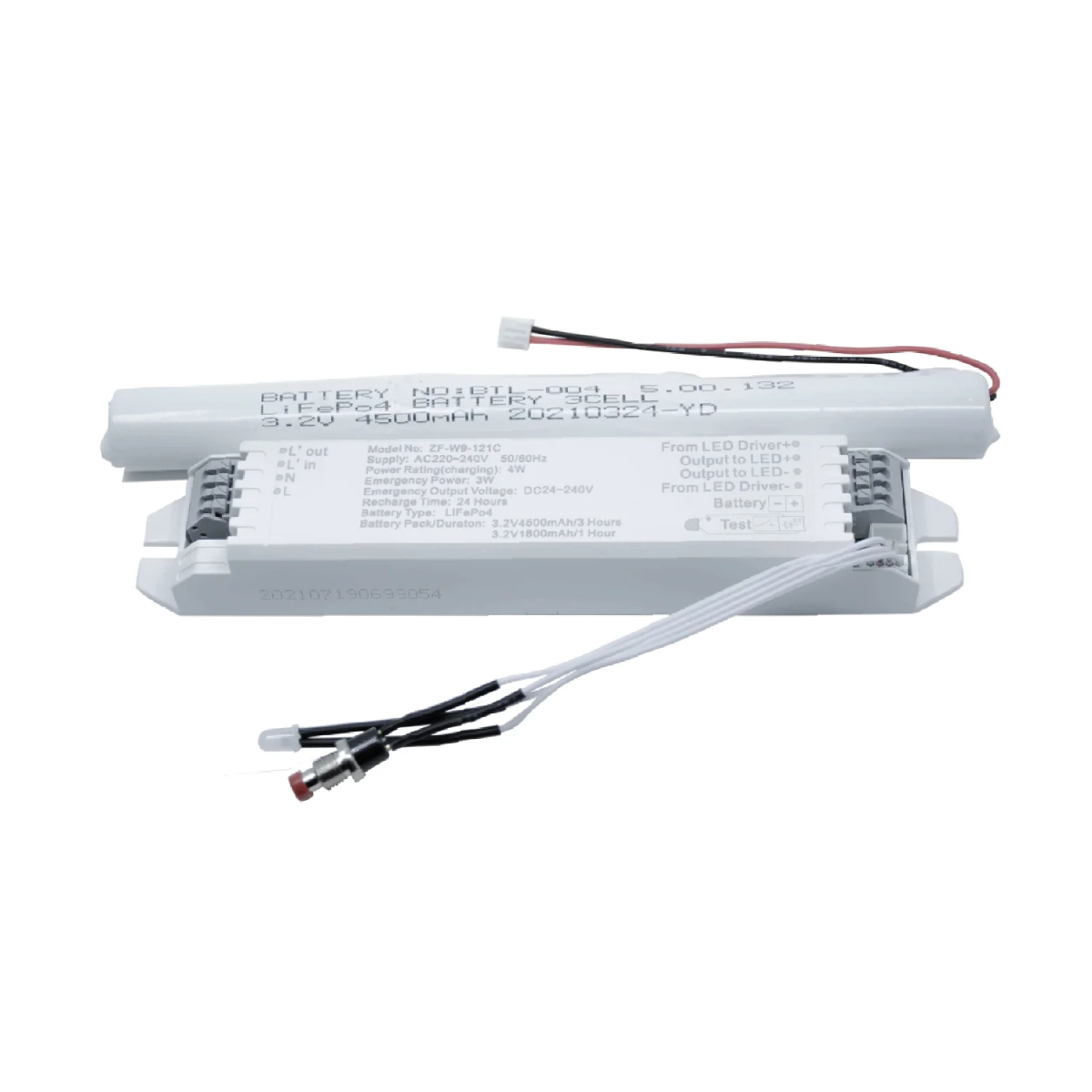 An LED emergency power pack with a white casing, featuring cables and labeling indicating a 4W output and 24V input.