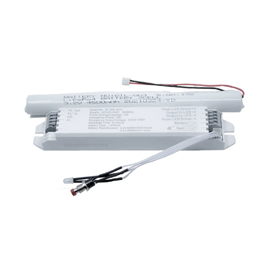 An LED emergency power pack with a white casing, featuring cables and labeling indicating a 4W output and 24V input.