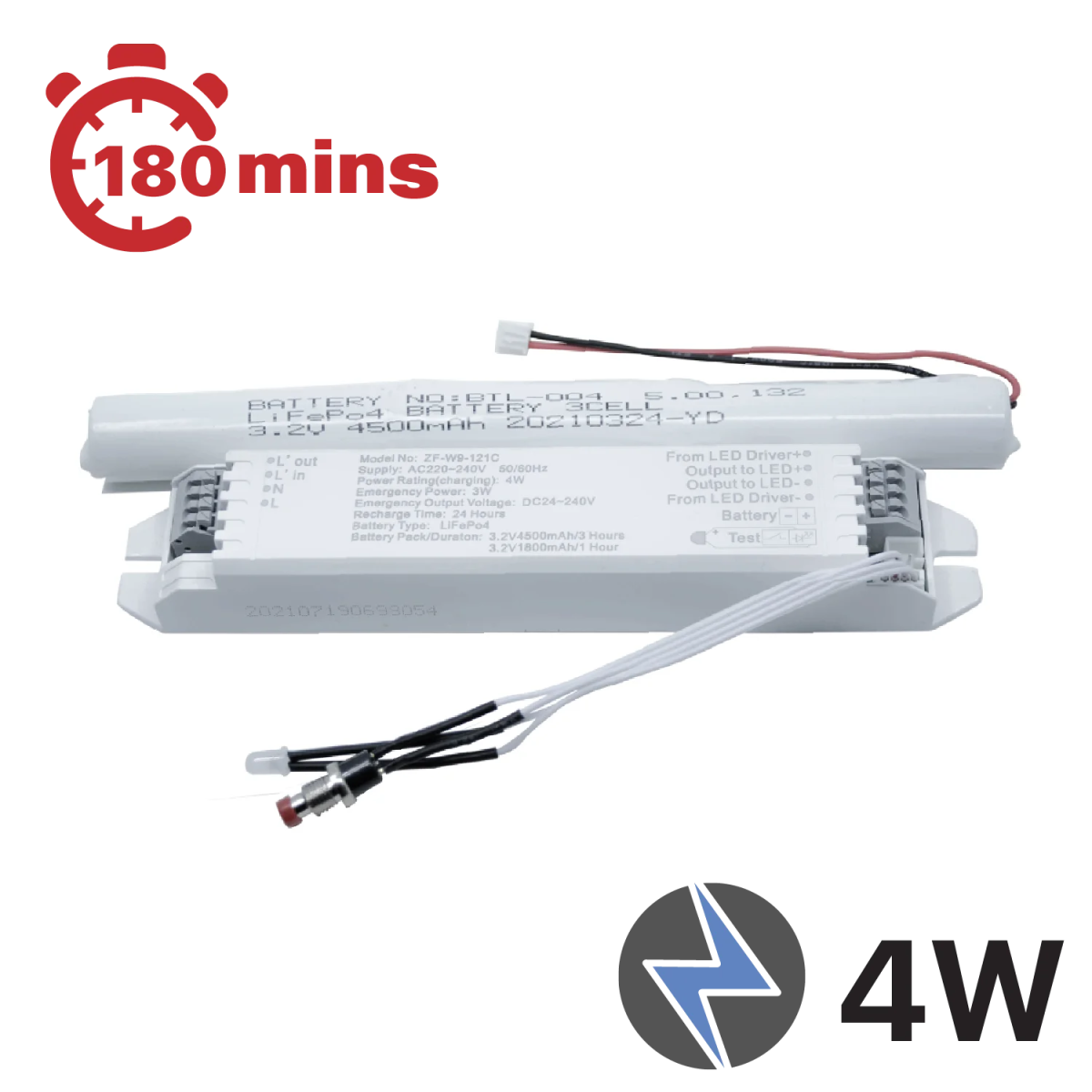 An LED emergency power pack with a white casing, featuring cables and labeling indicating a 4W output and 24V input.