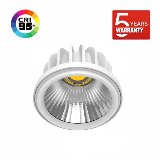 LED downlight with CRI 95+ and 5-year warranty labels on a white background